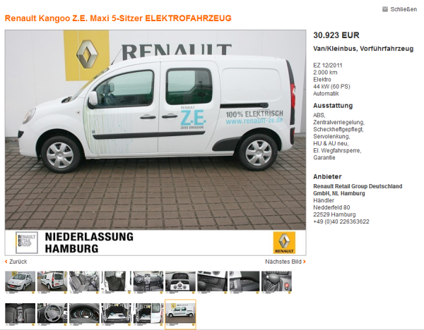 Renault Kangoo Z.E. Maxi с пет места се продава на mobile.de